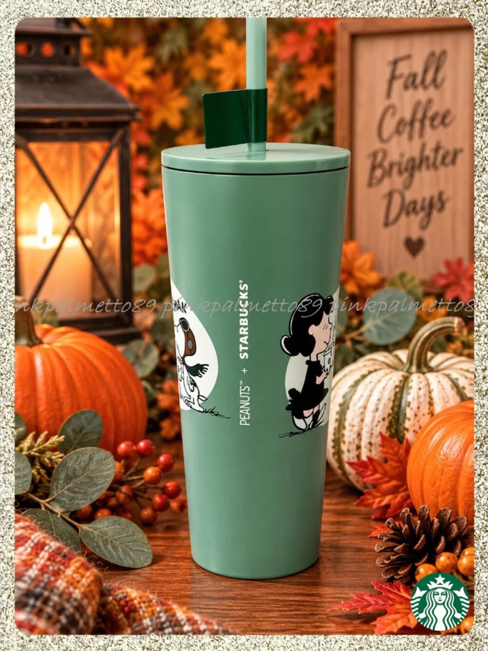🍂🎃 NWT 2026 PEANUTS + Starbucks Snoopy & Lucy Sage Green 24oz SS Tumbler